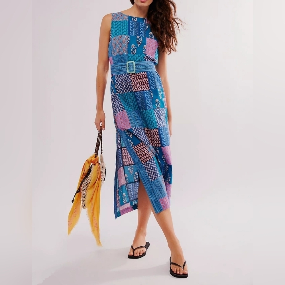 Boteh Cedella Low-Back 100% Cotton Midi Dress, Patchwork Aquamarine Motif, Sz 4